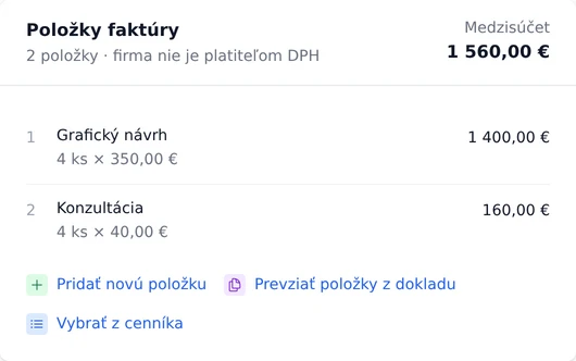 Úprava faktúry v aplikácii: položky dokladu a tlačidlo na výber z cenníka